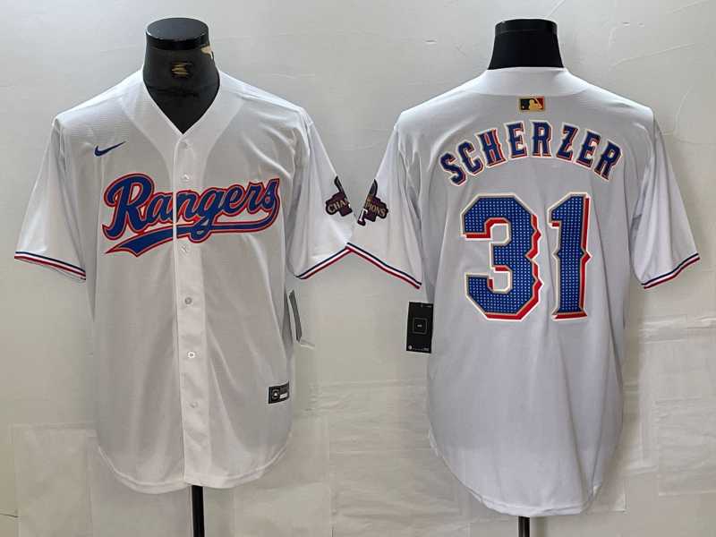 Mens Texas Rangers #31 Max Scherzer White 2023 World Series Champions Cool Base Jersey->texas rangers->MLB Jersey